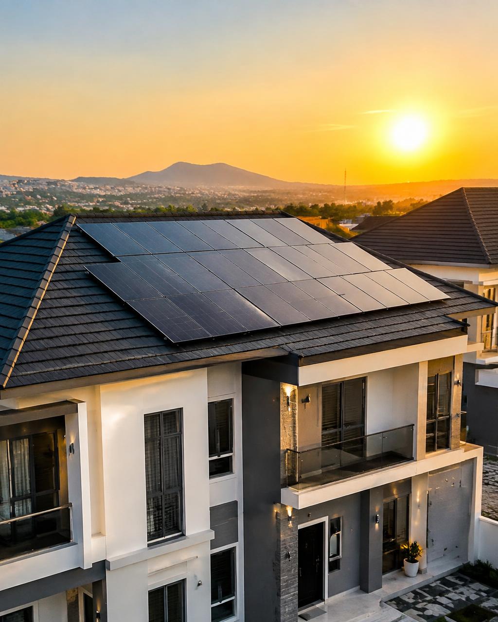 Modern home with rooftop solar panels at sunset