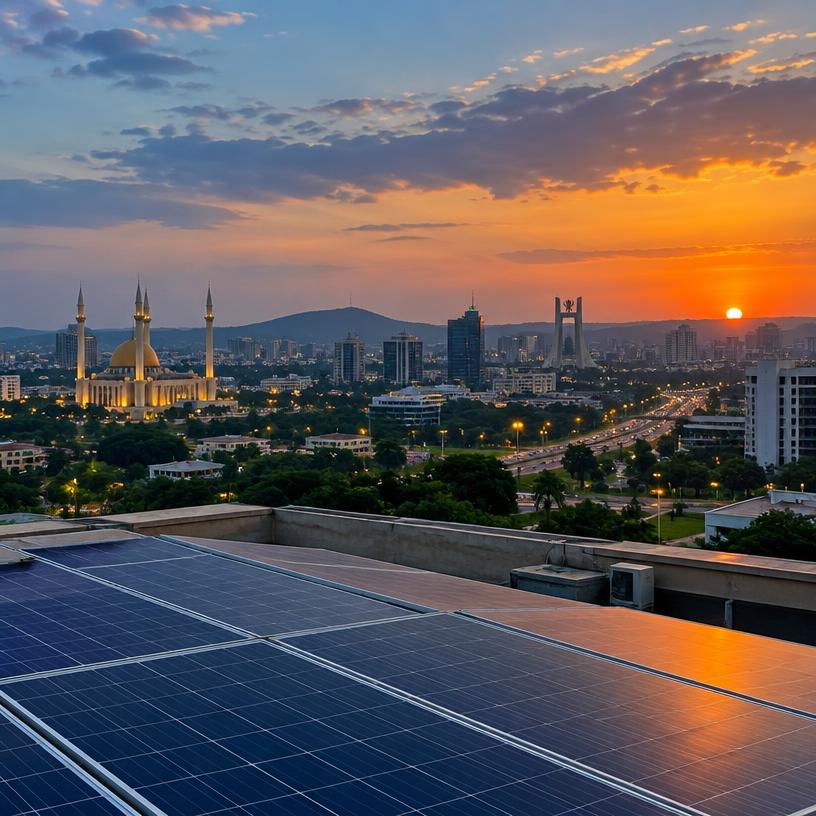 Abuja skyline behind rooftop panels