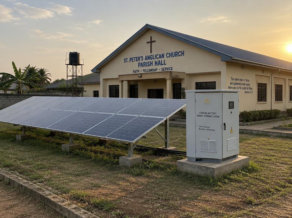 Ground-mounted solar array and battery cabinet beside a church hall