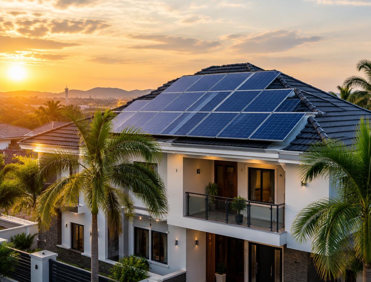 Rooftop solar panels on a modern duplex at sunset