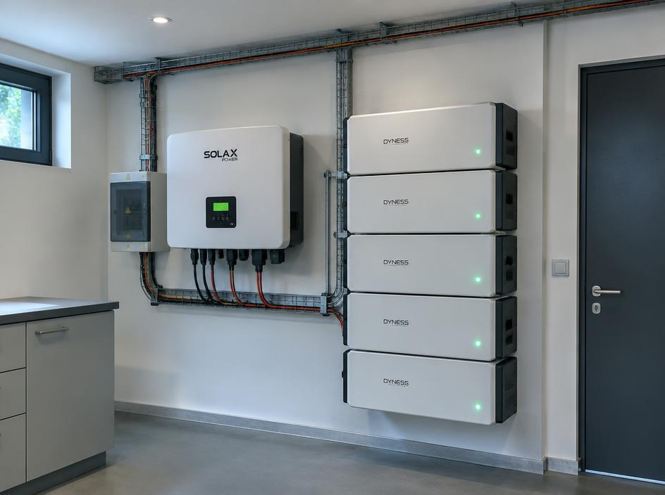 Hybrid inverter with stacked lithium batteries in a utility room