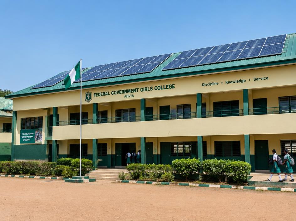 School building with rooftop solar panels