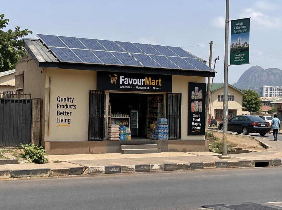 Small shop with solar panels on the roof